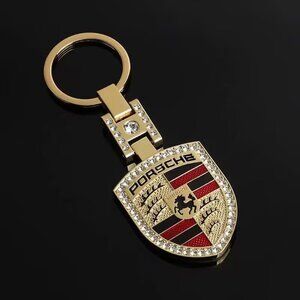PORSCHE STUTTGART HOTROD Metal Crest KeyRing Key Chain Golden Pendant Keyholder